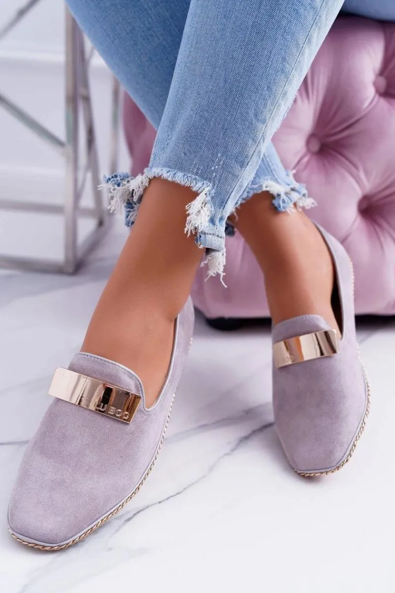 Clearance Mokasyny Damskie Lu Boo Szare Złoty Łańcuch Panama Damskie Mokasyny Damskie Zamszowe