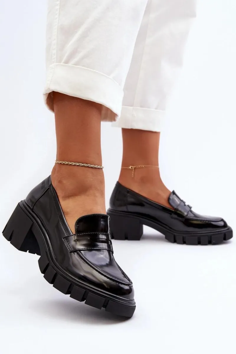 Mokasyny Damskie Lakierowane|Czółenka Na Platformie>Big Star Shoes Mokasyny Damskie Na Masywnym Obcasie Big Star NN274055 Czarne