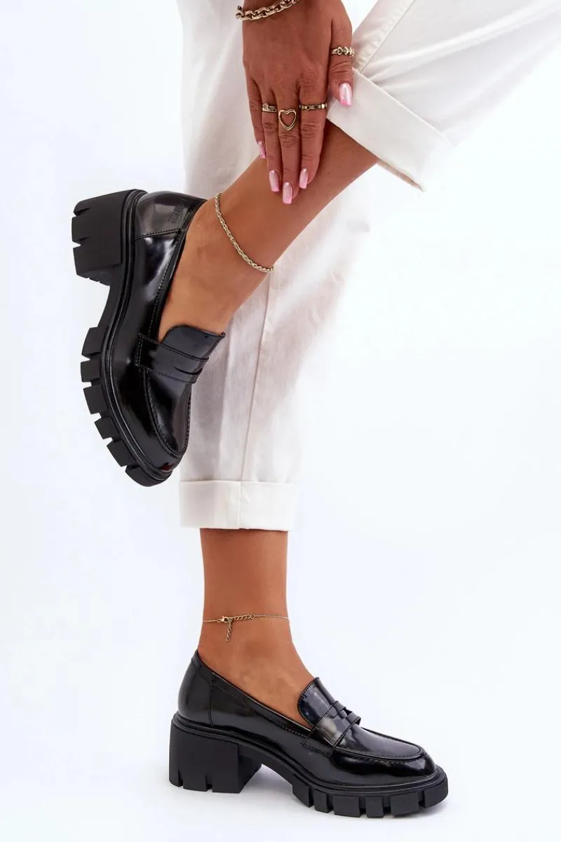 Mokasyny Damskie Lakierowane|Czółenka Na Platformie>Big Star Shoes Mokasyny Damskie Na Masywnym Obcasie Big Star NN274055 Czarne