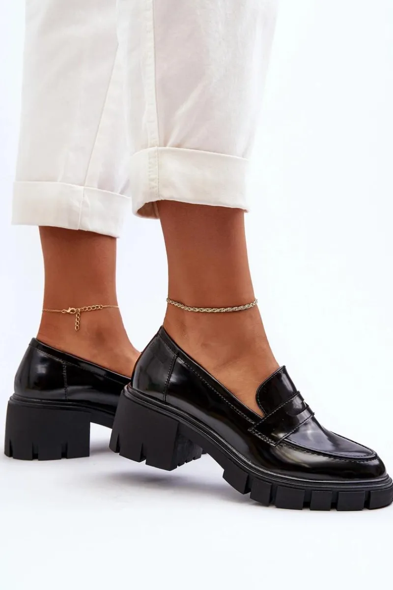 Mokasyny Damskie Lakierowane|Czółenka Na Platformie>Big Star Shoes Mokasyny Damskie Na Masywnym Obcasie Big Star NN274055 Czarne