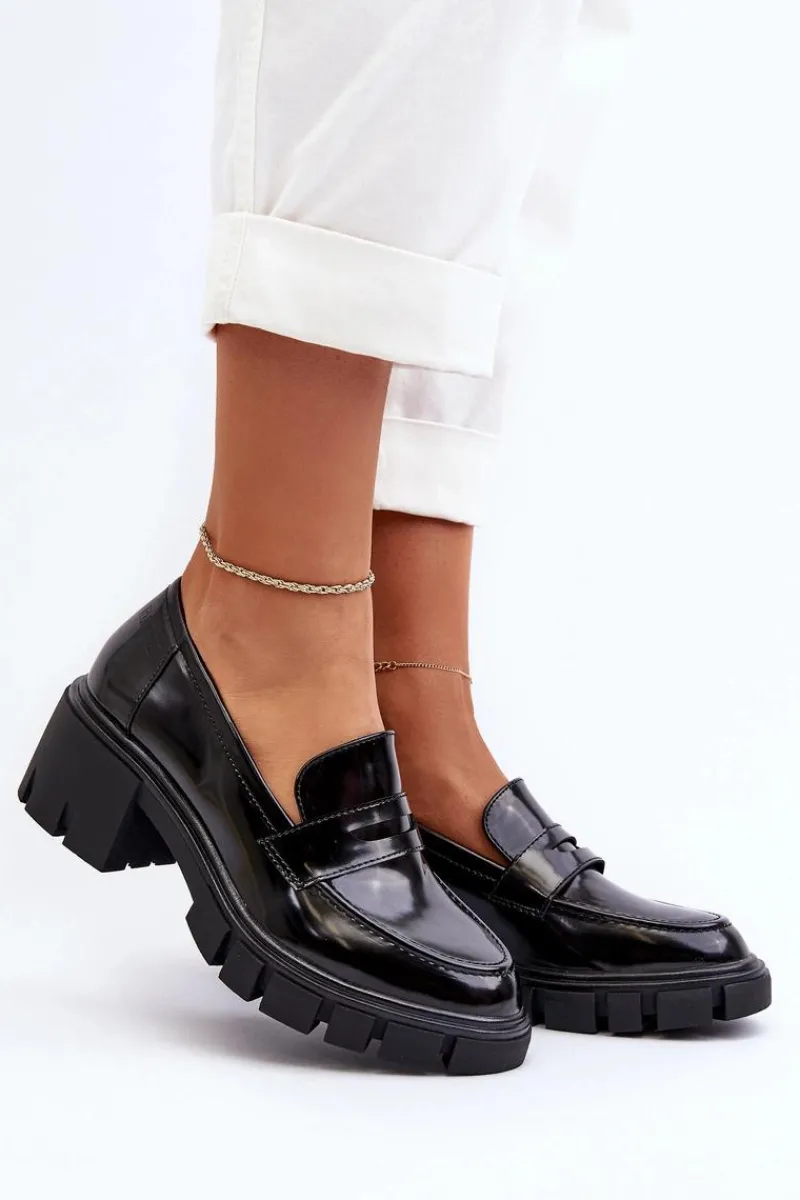 Mokasyny Damskie Lakierowane|Czółenka Na Platformie>Big Star Shoes Mokasyny Damskie Na Masywnym Obcasie Big Star NN274055 Czarne