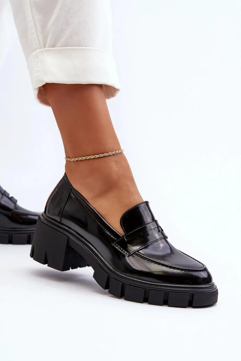 Mokasyny Damskie Lakierowane|Czółenka Na Platformie>Big Star Shoes Mokasyny Damskie Na Masywnym Obcasie Big Star NN274055 Czarne