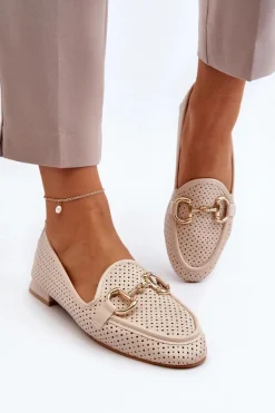 Outlet Boto Mokasyny Damskie Na Płaskim Obcasie Z Ozdobą Beżowe Iluvana Beżowy