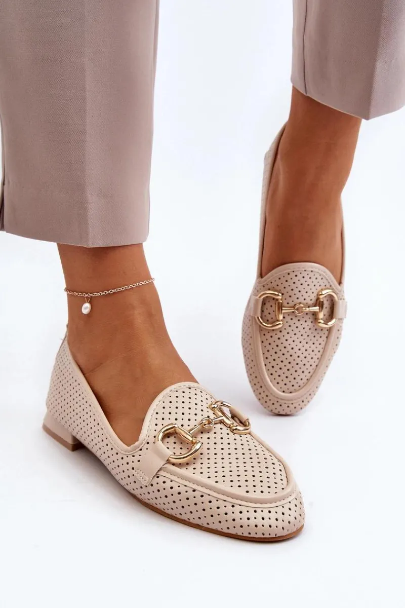 Outlet Boto Mokasyny Damskie Na Płaskim Obcasie Z Ozdobą Beżowe Iluvana Beżowy