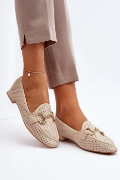 Outlet Boto Mokasyny Damskie Na Płaskim Obcasie Z Ozdobą Beżowe Iluvana Beżowy