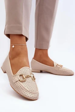 Outlet Boto Mokasyny Damskie Na Płaskim Obcasie Z Ozdobą Beżowe Iluvana Beżowy