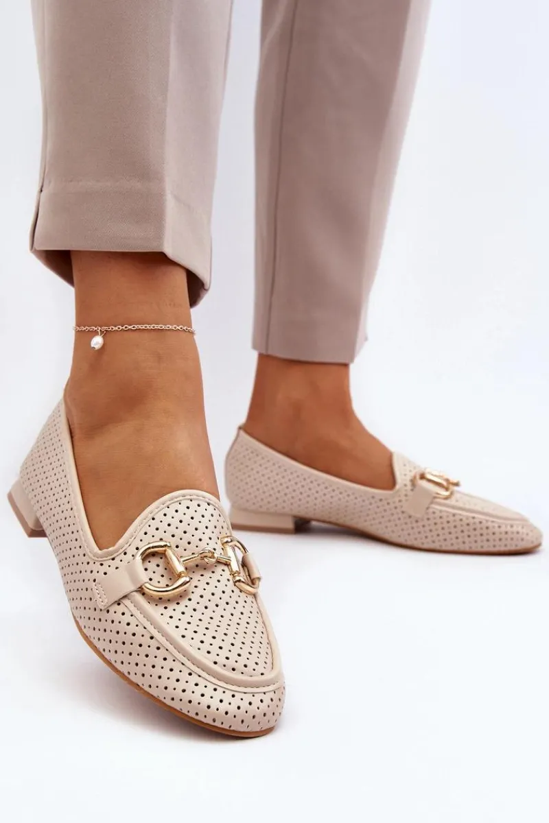 Outlet Boto Mokasyny Damskie Na Płaskim Obcasie Z Ozdobą Beżowe Iluvana Beżowy