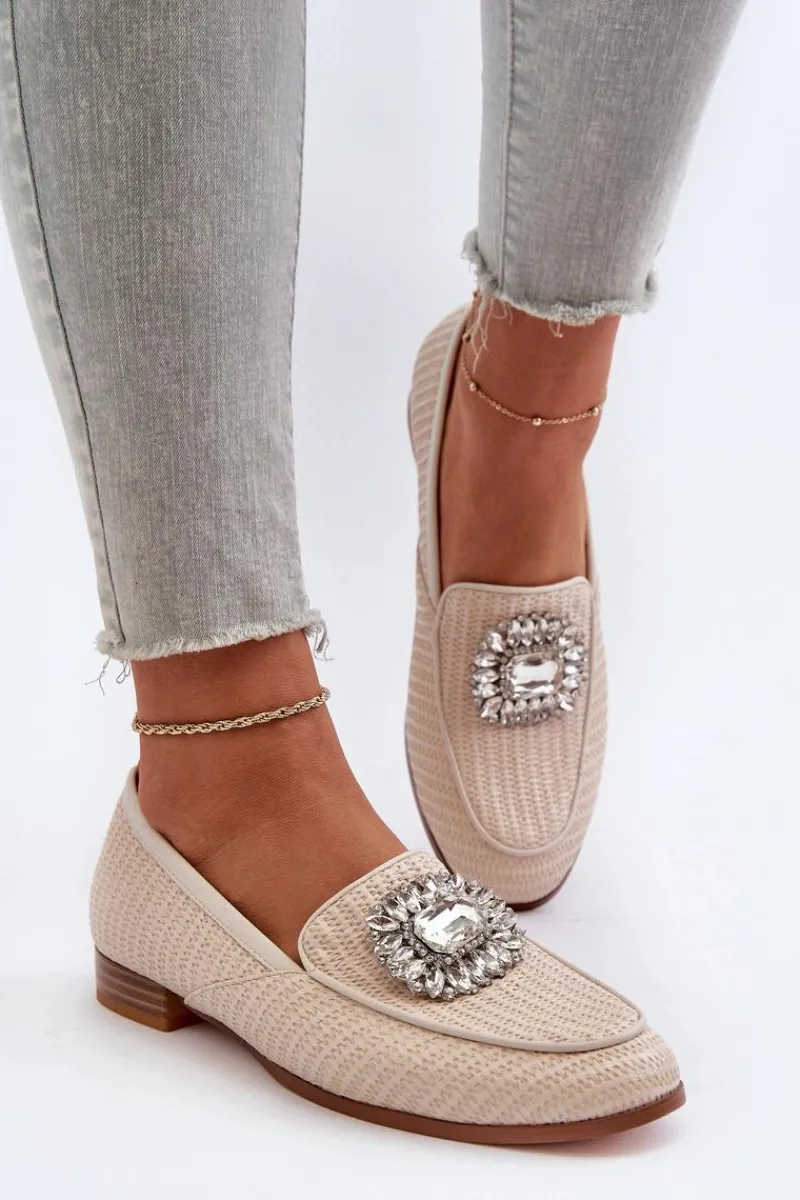 Loafersy Damskie|Mokasyny Płaskie>Damskie buty S.Barski Mokasyny Damskie Na Płaskim Obcasie Z Broszką Beżowe D&A MR38-676