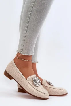 Loafersy Damskie|Mokasyny Płaskie>Damskie buty S.Barski Mokasyny Damskie Na Płaskim Obcasie Z Broszką Beżowe D&A MR38-676