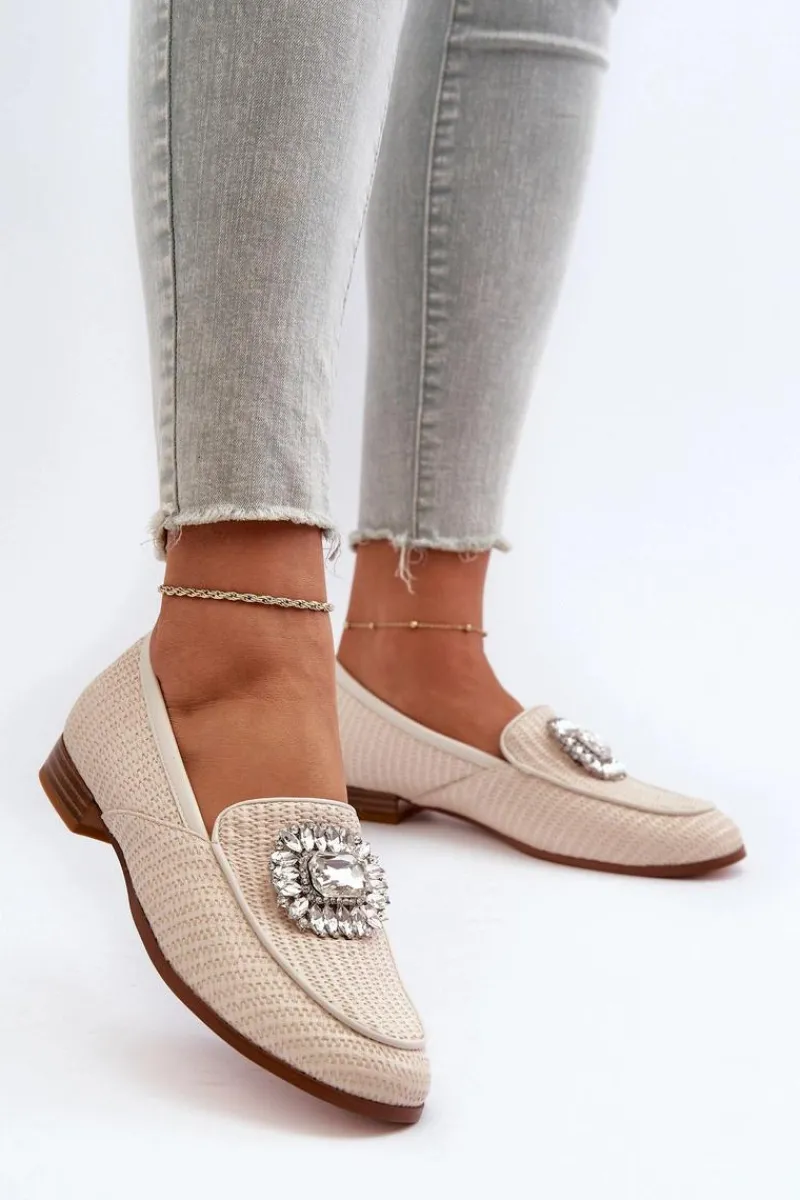 Loafersy Damskie|Mokasyny Płaskie>Damskie buty S.Barski Mokasyny Damskie Na Płaskim Obcasie Z Broszką Beżowe D&A MR38-676