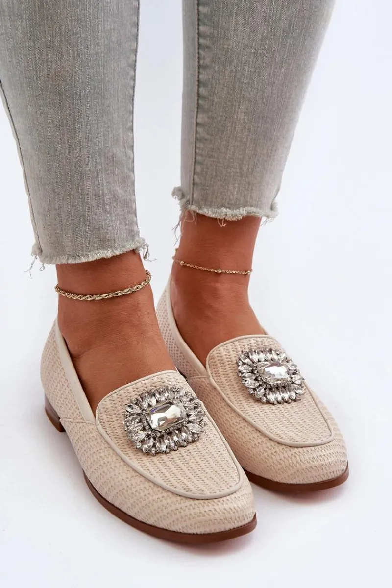 Loafersy Damskie|Mokasyny Płaskie>Damskie buty S.Barski Mokasyny Damskie Na Płaskim Obcasie Z Broszką Beżowe D&A MR38-676