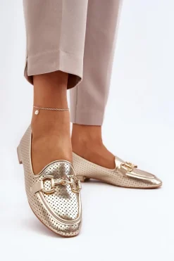 Hot Mokasyny Damskie Na Płaskim Obcasie Z Ozdobą Złote Iluvana Damskie Mokasyny Damskie Skórzane