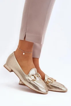 Hot Mokasyny Damskie Na Płaskim Obcasie Z Ozdobą Złote Iluvana Damskie Mokasyny Damskie Skórzane