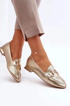 Hot Mokasyny Damskie Na Płaskim Obcasie Z Ozdobą Złote Iluvana Damskie Mokasyny Damskie Skórzane