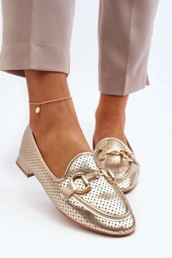 Hot Mokasyny Damskie Na Płaskim Obcasie Z Ozdobą Złote Iluvana Damskie Mokasyny Damskie Skórzane