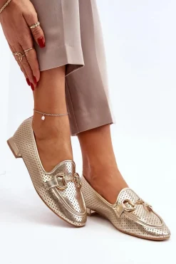 Hot Mokasyny Damskie Na Płaskim Obcasie Z Ozdobą Złote Iluvana Damskie Mokasyny Damskie Skórzane