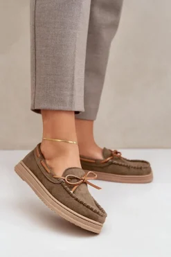 Best Boto Mokasyny Damskie Na Płaskiej Podeszwie Ciemnozielone Timannie