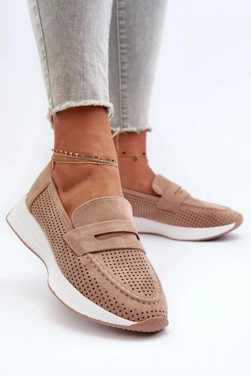 Boto Mokasyny Damskie Na Platformie Eko Zamszowe Beżowe Inesqua