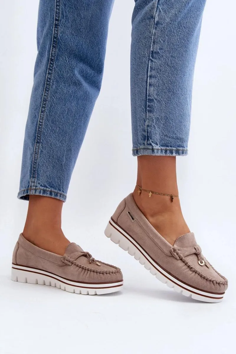 Outlet Boto Mokasyny Damskie Na Platformie Beżowe Railav