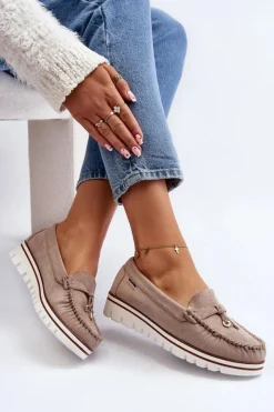 Outlet Boto Mokasyny Damskie Na Platformie Beżowe Railav