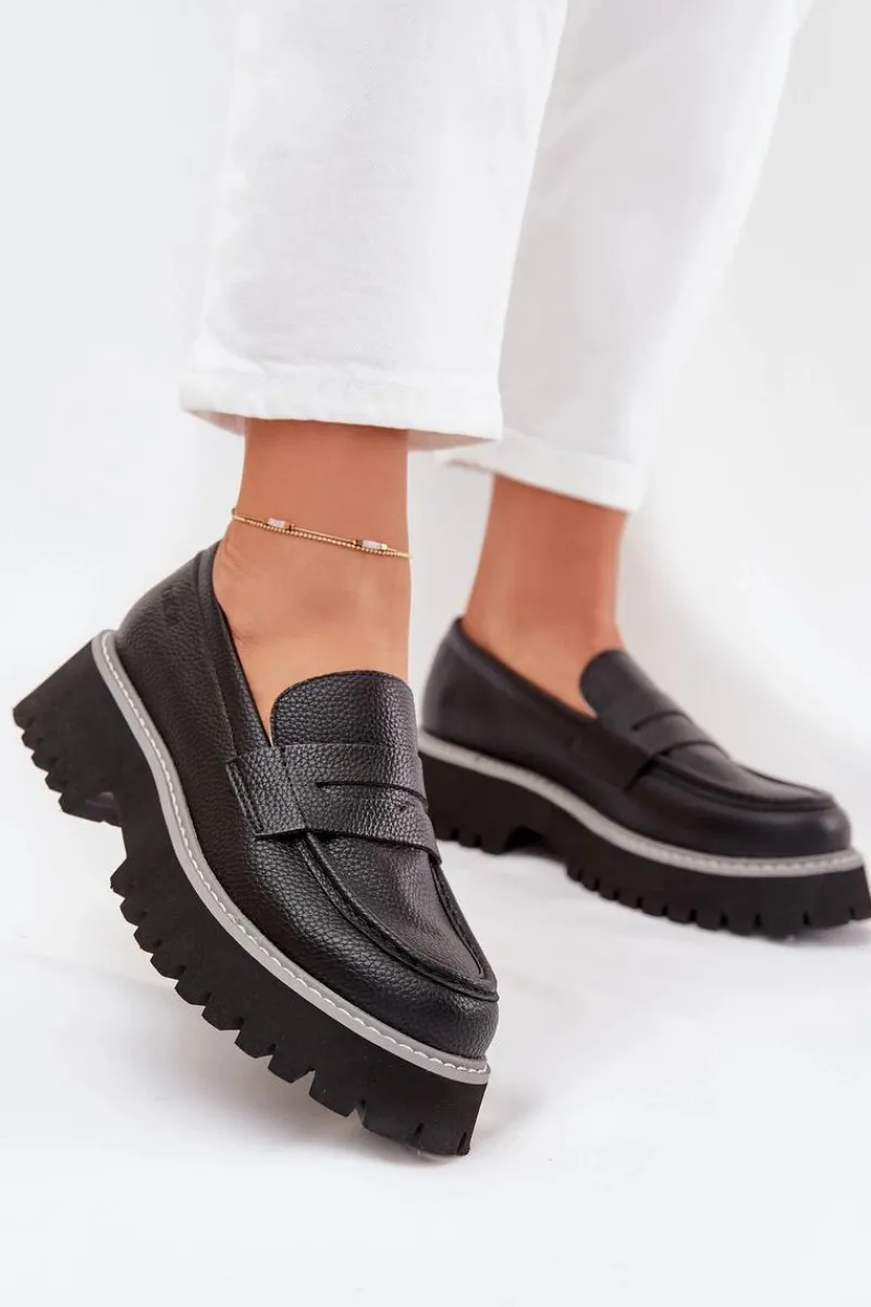 Outlet Mokasyny Damskie Na Platformie I Płaskim Obcasie Big Star NN274049 Czarne Damskie Mokasyny Płaskie|Mokasyny Damskie Skórzane