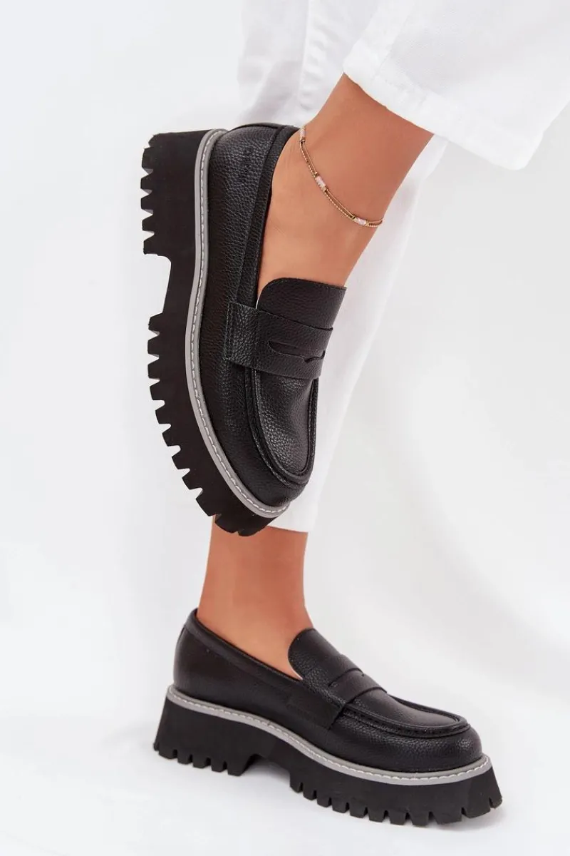Outlet Mokasyny Damskie Na Platformie I Płaskim Obcasie Big Star NN274049 Czarne Damskie Mokasyny Płaskie|Mokasyny Damskie Skórzane