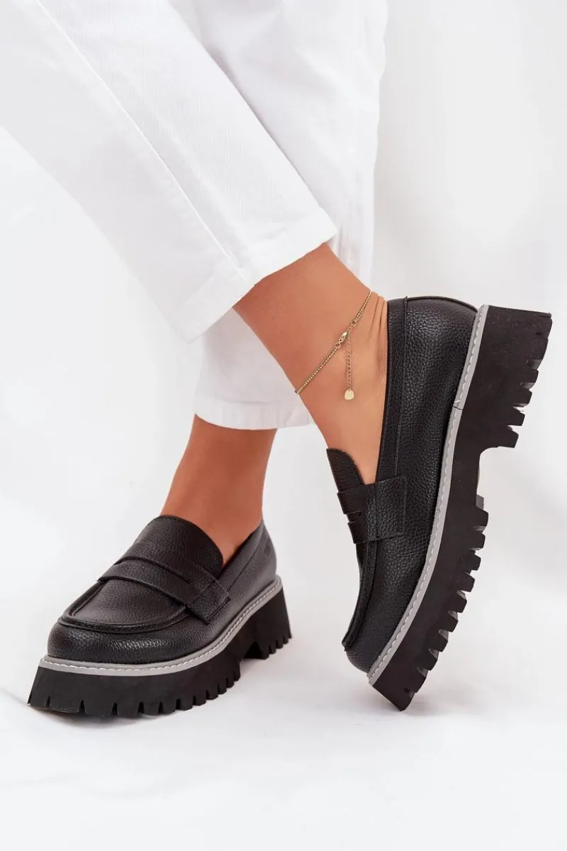 Outlet Mokasyny Damskie Na Platformie I Płaskim Obcasie Big Star NN274049 Czarne Damskie Mokasyny Płaskie|Mokasyny Damskie Skórzane