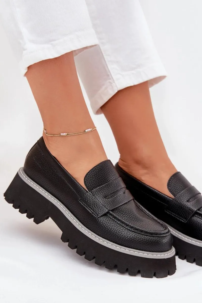Outlet Mokasyny Damskie Na Platformie I Płaskim Obcasie Big Star NN274049 Czarne Damskie Mokasyny Płaskie|Mokasyny Damskie Skórzane