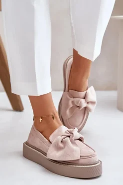 Best Mokasyny Damskie Na Platformie Z Kokardą Pudrowy Róż Naivine Damskie Loafersy Damskie|Mokasyny Na Platformie