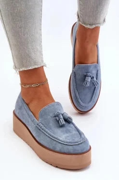 Outlet Boto Mokasyny Damskie Na Platformie Z Frędzlami Niebieskie Mialani