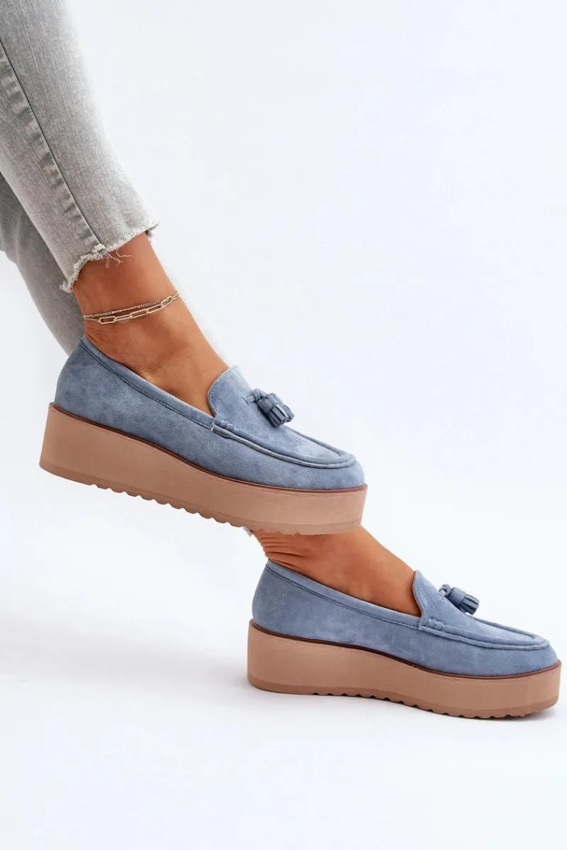 Outlet Boto Mokasyny Damskie Na Platformie Z Frędzlami Niebieskie Mialani
