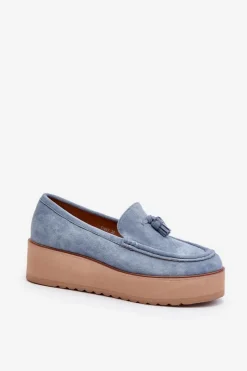 Outlet Boto Mokasyny Damskie Na Platformie Z Frędzlami Niebieskie Mialani