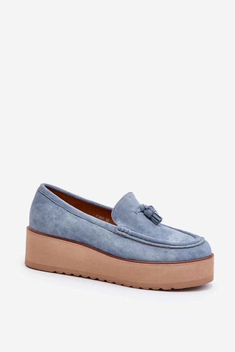 Outlet Boto Mokasyny Damskie Na Platformie Z Frędzlami Niebieskie Mialani