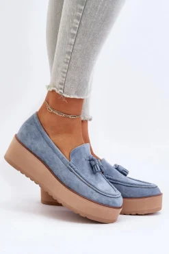 Outlet Boto Mokasyny Damskie Na Platformie Z Frędzlami Niebieskie Mialani