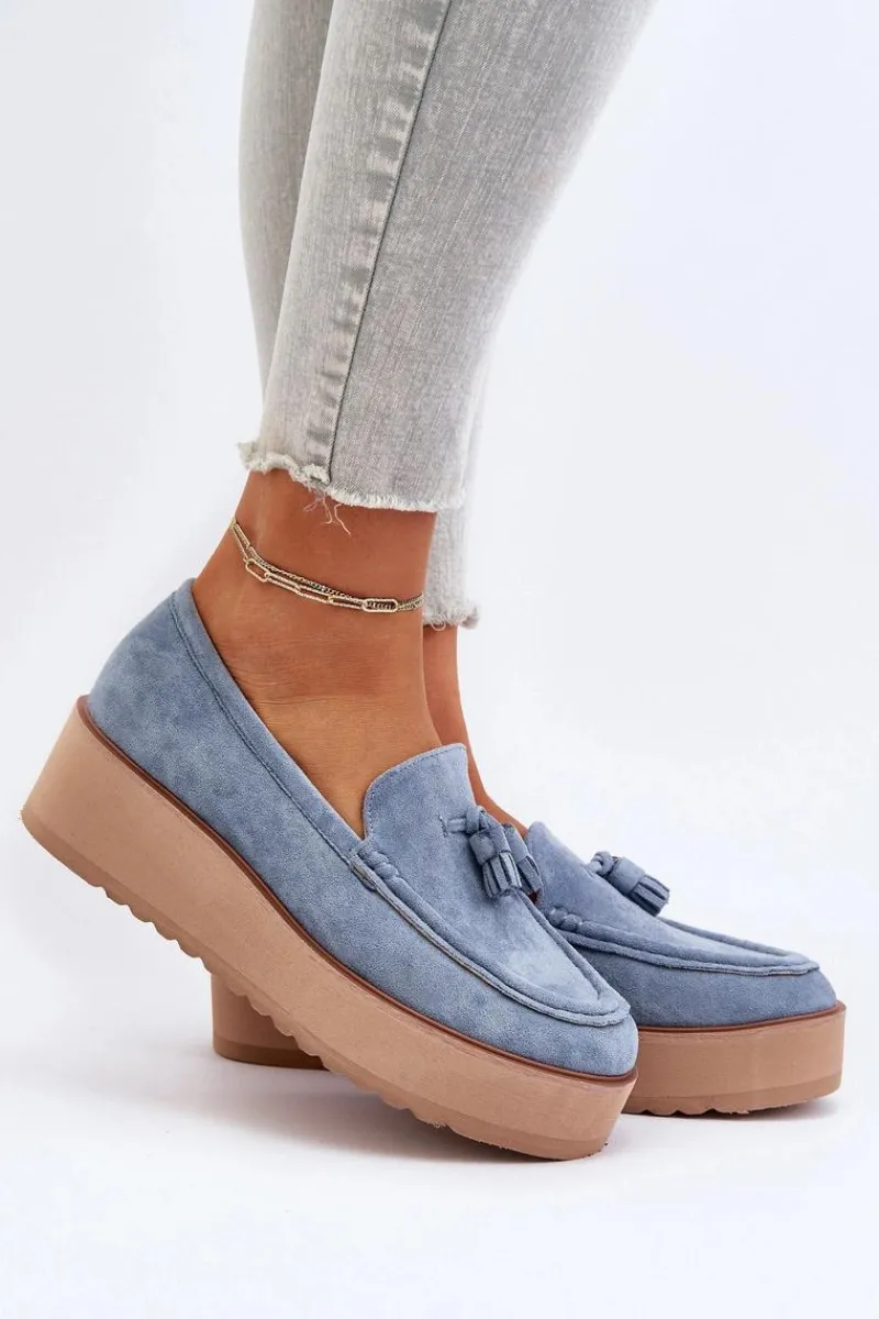 Outlet Boto Mokasyny Damskie Na Platformie Z Frędzlami Niebieskie Mialani