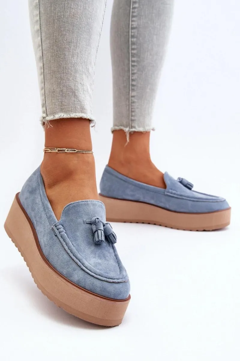 Outlet Boto Mokasyny Damskie Na Platformie Z Frędzlami Niebieskie Mialani