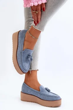 Outlet Boto Mokasyny Damskie Na Platformie Z Frędzlami Niebieskie Mialani