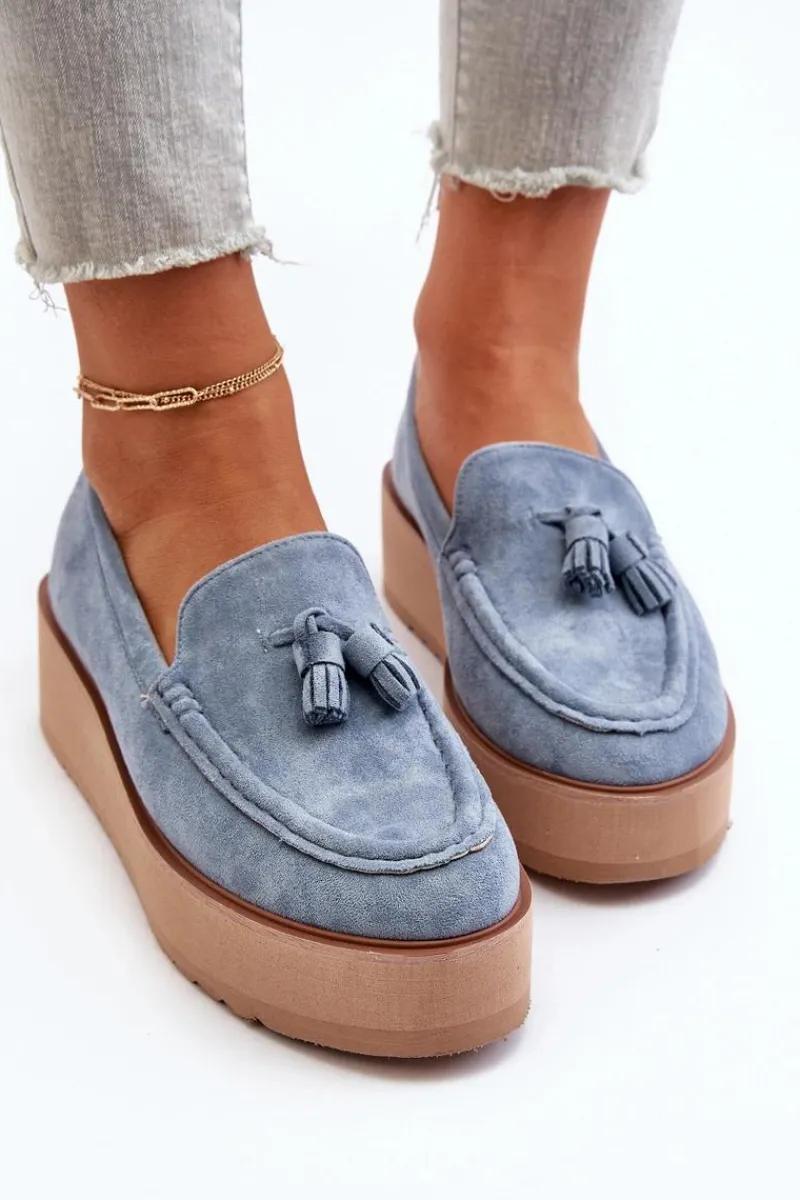 Outlet Boto Mokasyny Damskie Na Platformie Z Frędzlami Niebieskie Mialani