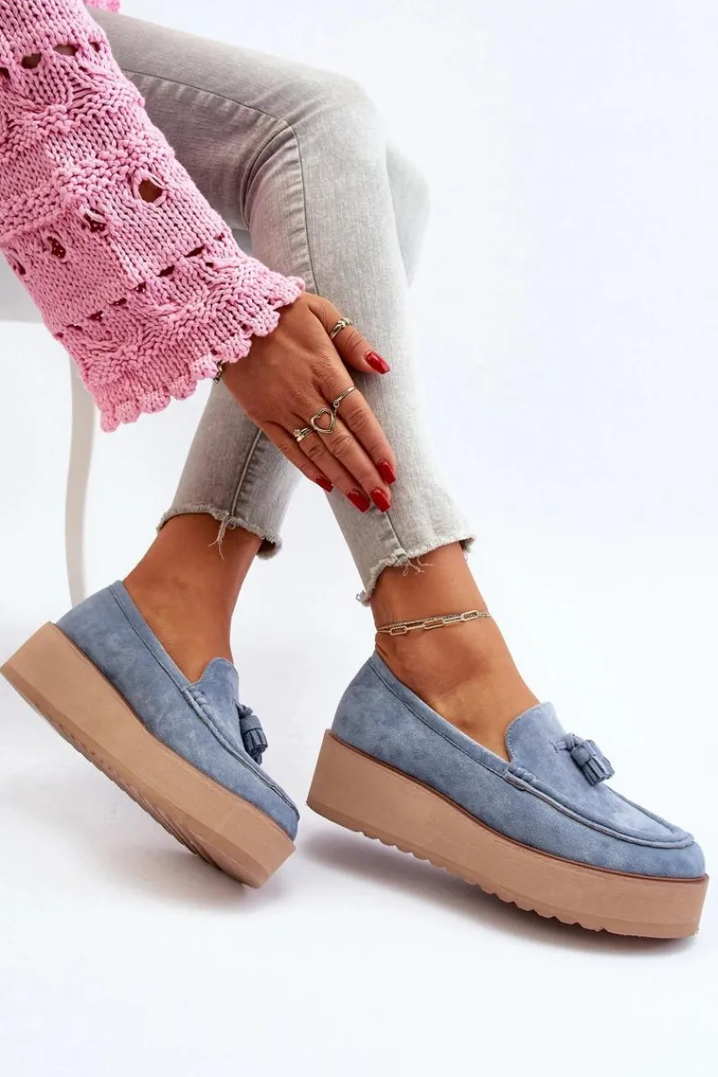 Outlet Boto Mokasyny Damskie Na Platformie Z Frędzlami Niebieskie Mialani