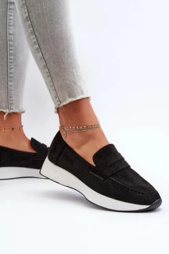 Outlet Mokasyny Damskie Na Platformie Eko Zamszowe Czarne Inesqua Damskie Loafersy Damskie|Mokasyny Na Platformie