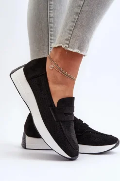Outlet Mokasyny Damskie Na Platformie Eko Zamszowe Czarne Inesqua Damskie Loafersy Damskie|Mokasyny Na Platformie