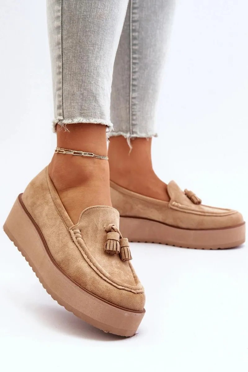 New Mokasyny Damskie Na Platformie Z Frędzlami Brązowe Mialani Damskie Mokasyny Na Platformie|Mokasyny Damskie Zamszowe