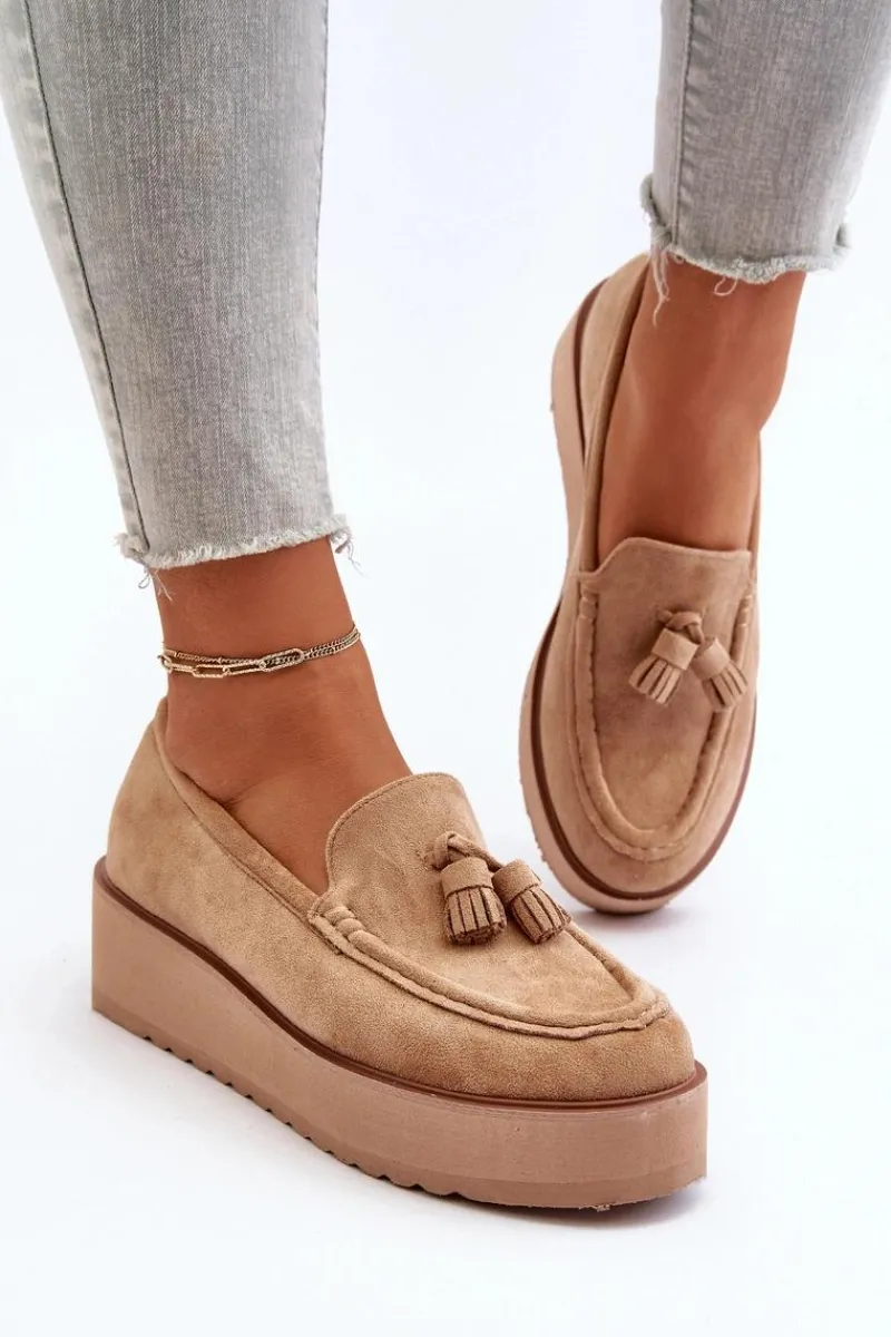 New Mokasyny Damskie Na Platformie Z Frędzlami Brązowe Mialani Damskie Mokasyny Na Platformie|Mokasyny Damskie Zamszowe