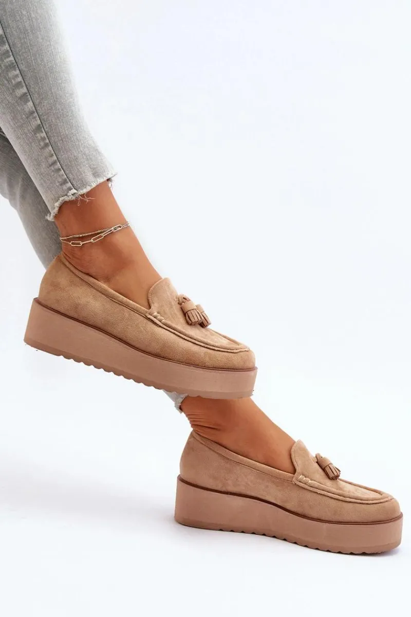 New Mokasyny Damskie Na Platformie Z Frędzlami Brązowe Mialani Damskie Mokasyny Na Platformie|Mokasyny Damskie Zamszowe