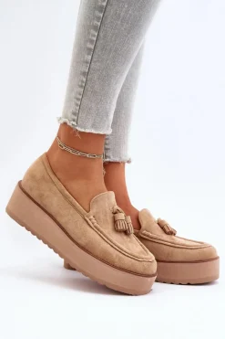 New Mokasyny Damskie Na Platformie Z Frędzlami Brązowe Mialani Damskie Mokasyny Na Platformie|Mokasyny Damskie Zamszowe