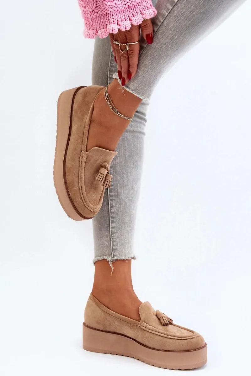 New Mokasyny Damskie Na Platformie Z Frędzlami Brązowe Mialani Damskie Mokasyny Na Platformie|Mokasyny Damskie Zamszowe