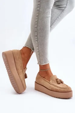 New Mokasyny Damskie Na Platformie Z Frędzlami Brązowe Mialani Damskie Mokasyny Na Platformie|Mokasyny Damskie Zamszowe