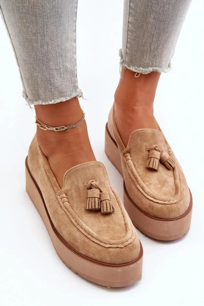 New Mokasyny Damskie Na Platformie Z Frędzlami Brązowe Mialani Damskie Mokasyny Na Platformie|Mokasyny Damskie Zamszowe