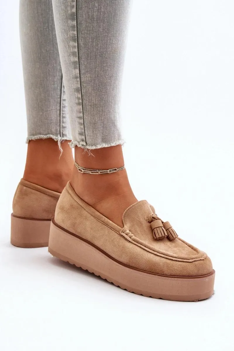 New Mokasyny Damskie Na Platformie Z Frędzlami Brązowe Mialani Damskie Mokasyny Na Platformie|Mokasyny Damskie Zamszowe