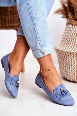 Hot Mokasyny Damskie Niebieskie Lordsy Frędzle Therese Damskie Mokasyny Damskie Zamszowe